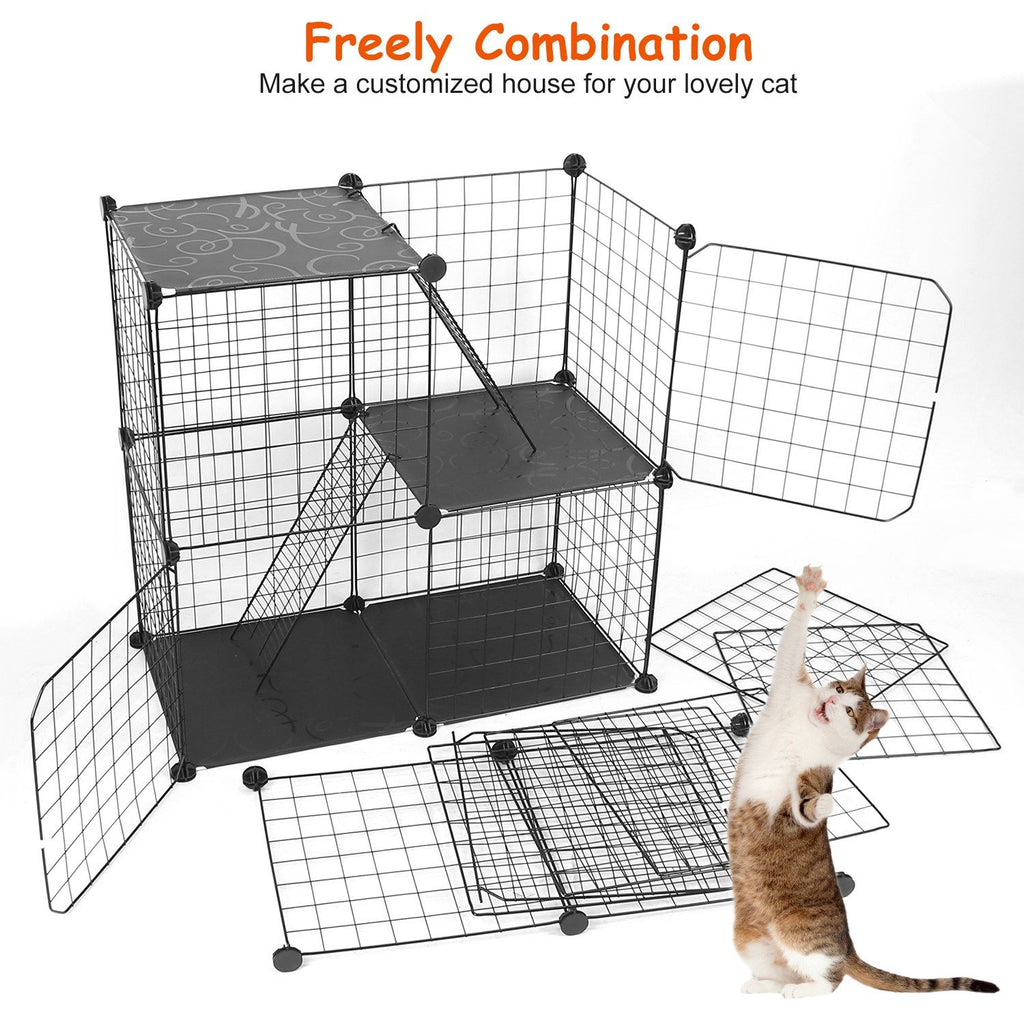 Cat Cage DIY Indoor Pet Home Small Animal House Detachable Playpen with 3 Doors 3 Tiers for Kitten Puppy Bunny Exercise. (Black, 28.15x13.97x42.12in)