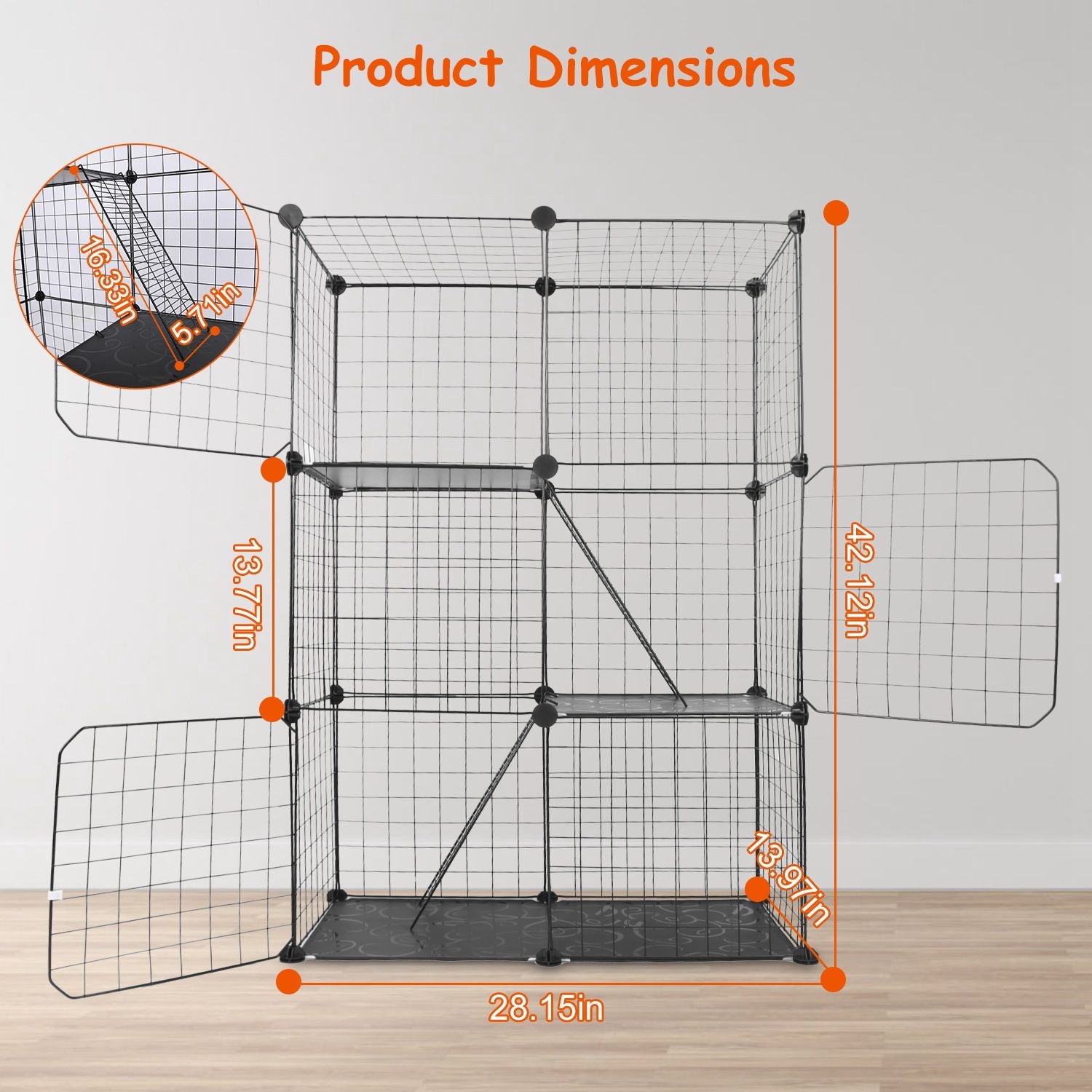 Cat Cage DIY Indoor Pet Home Small Animal House Detachable Playpen with 3 Doors 3 Tiers for Kitten Puppy Bunny Exercise. (Black, 28.15x13.97x42.12in)