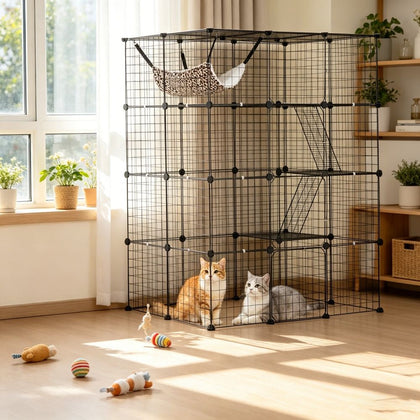 Extra Large Cat Cage for Outdoor – 4-Tier Play Enclosure with Ramp Ladder