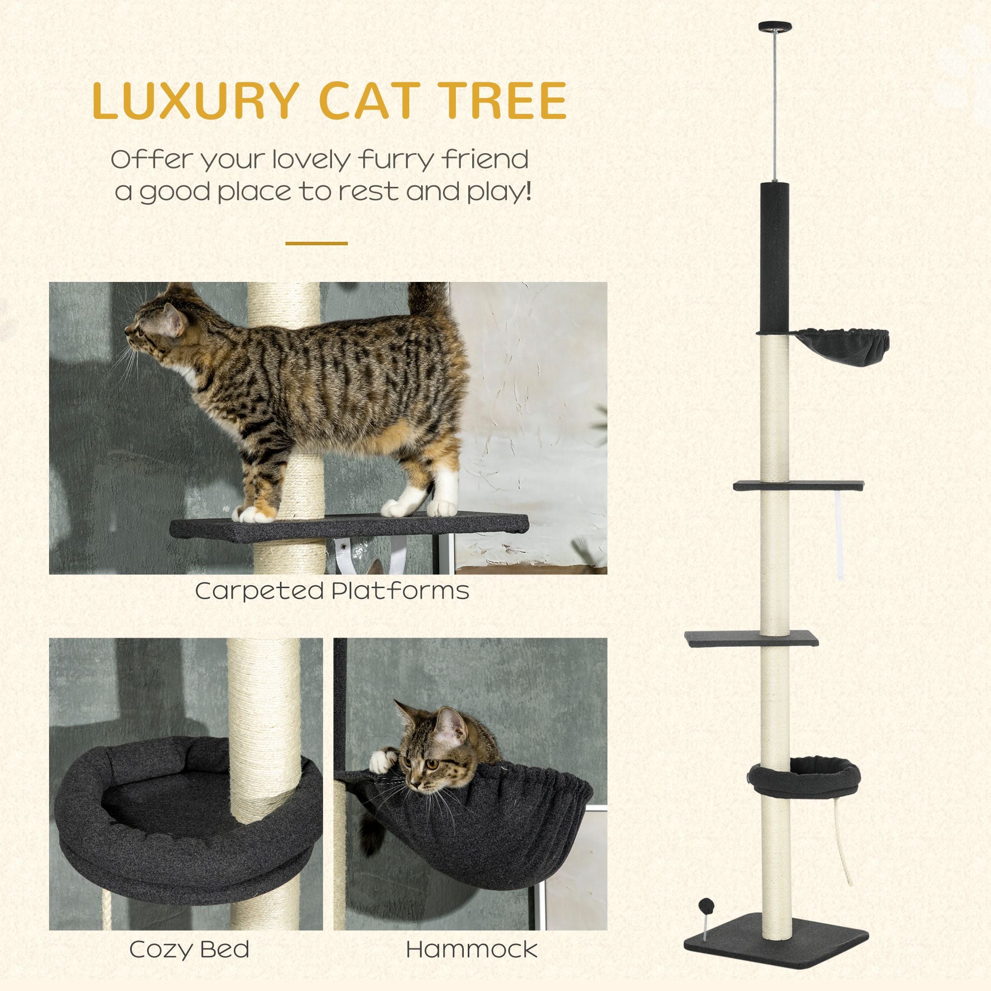 5-Tier Adjustable Cat Tower with Hammock and Scratching Posts