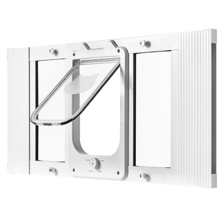 Cat Door for Window, Adjustable to Fit Window Width 27"-32", 4 Secure Lock Modes, Aluminum Frame and