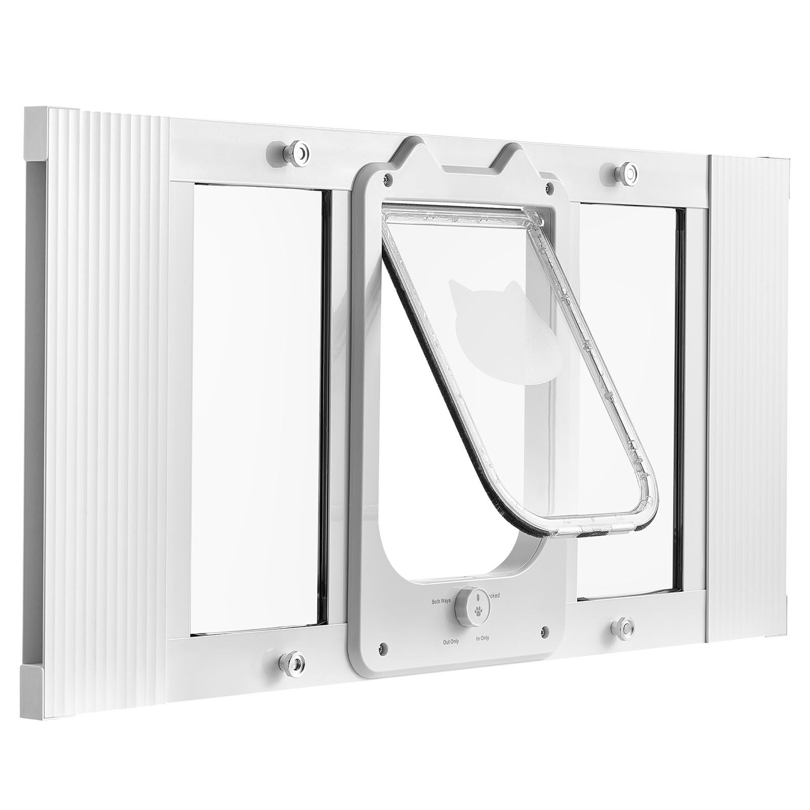 Cat Door for Window, Adjustable to Fit Window Width 27"-32", 4 Secure Lock Modes, Aluminum Frame and