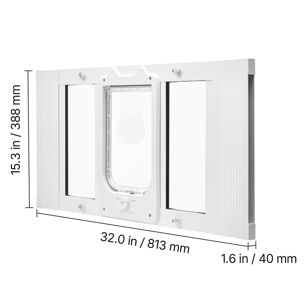 Cat Door for Window, Adjustable to Fit Window Width 27"-32", 4 Secure Lock Modes, Aluminum Frame and