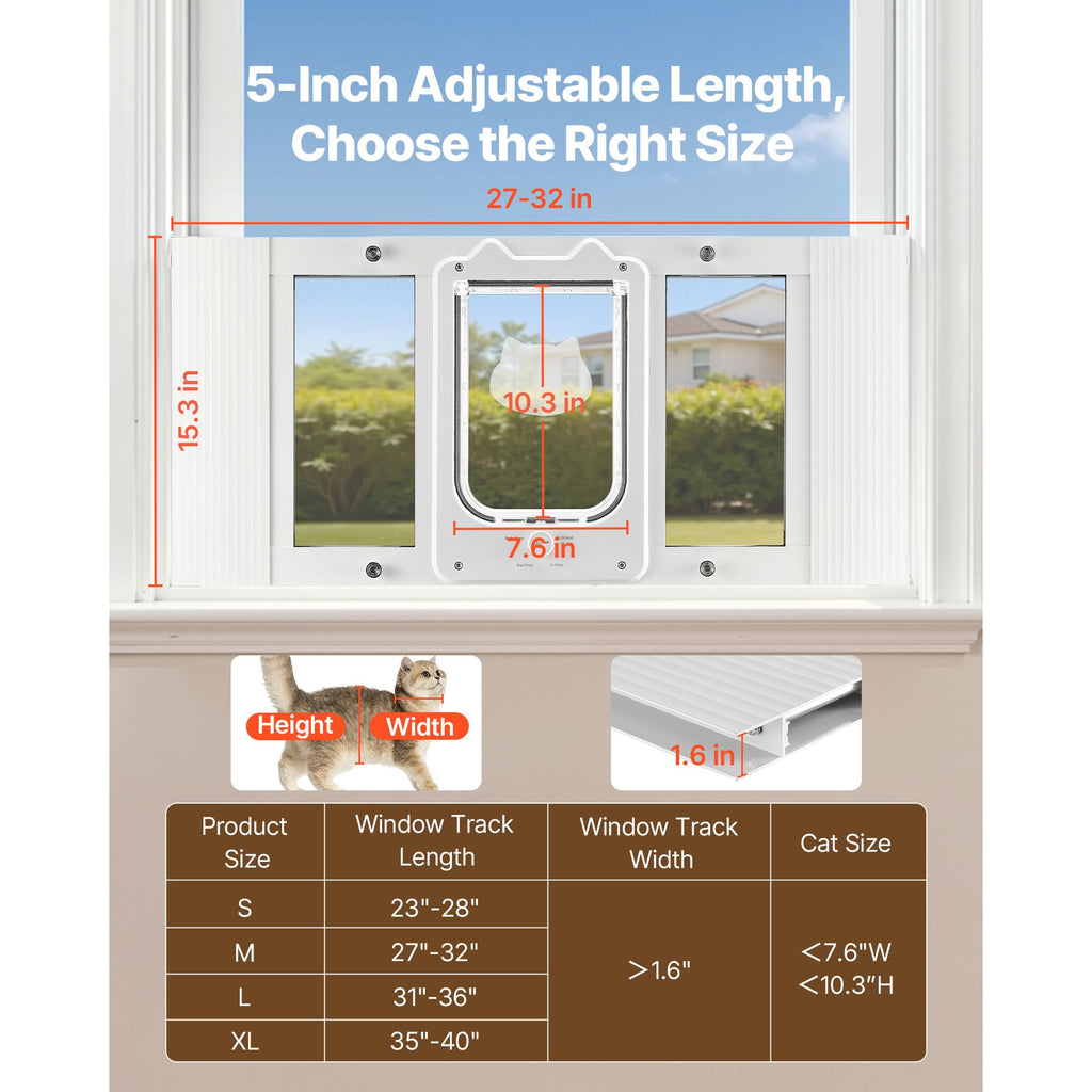 Cat Door for Window, Adjustable to Fit Window Width 27"-32", 4 Secure Lock Modes, Aluminum Frame and