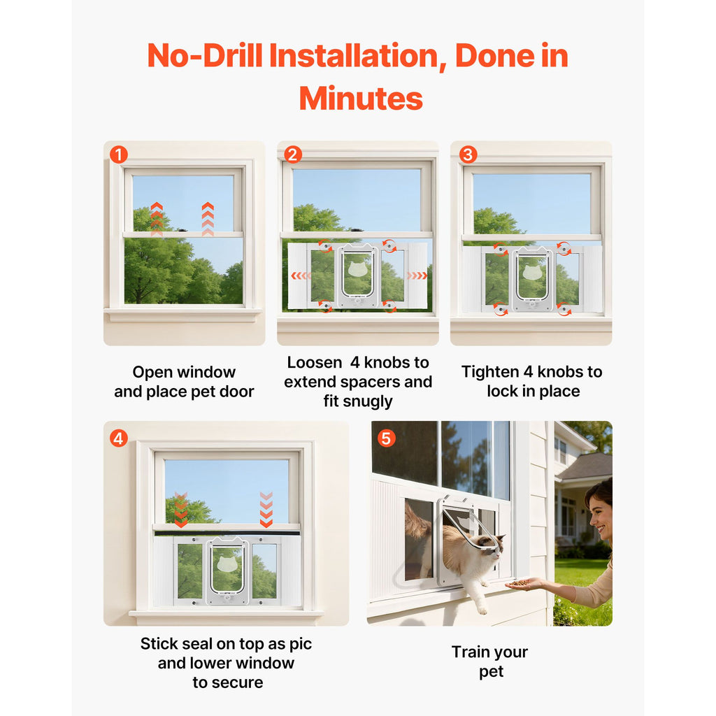 Cat Door for Window, Adjustable to Fit Window Width 27"-32", 4 Secure Lock Modes, Aluminum Frame and