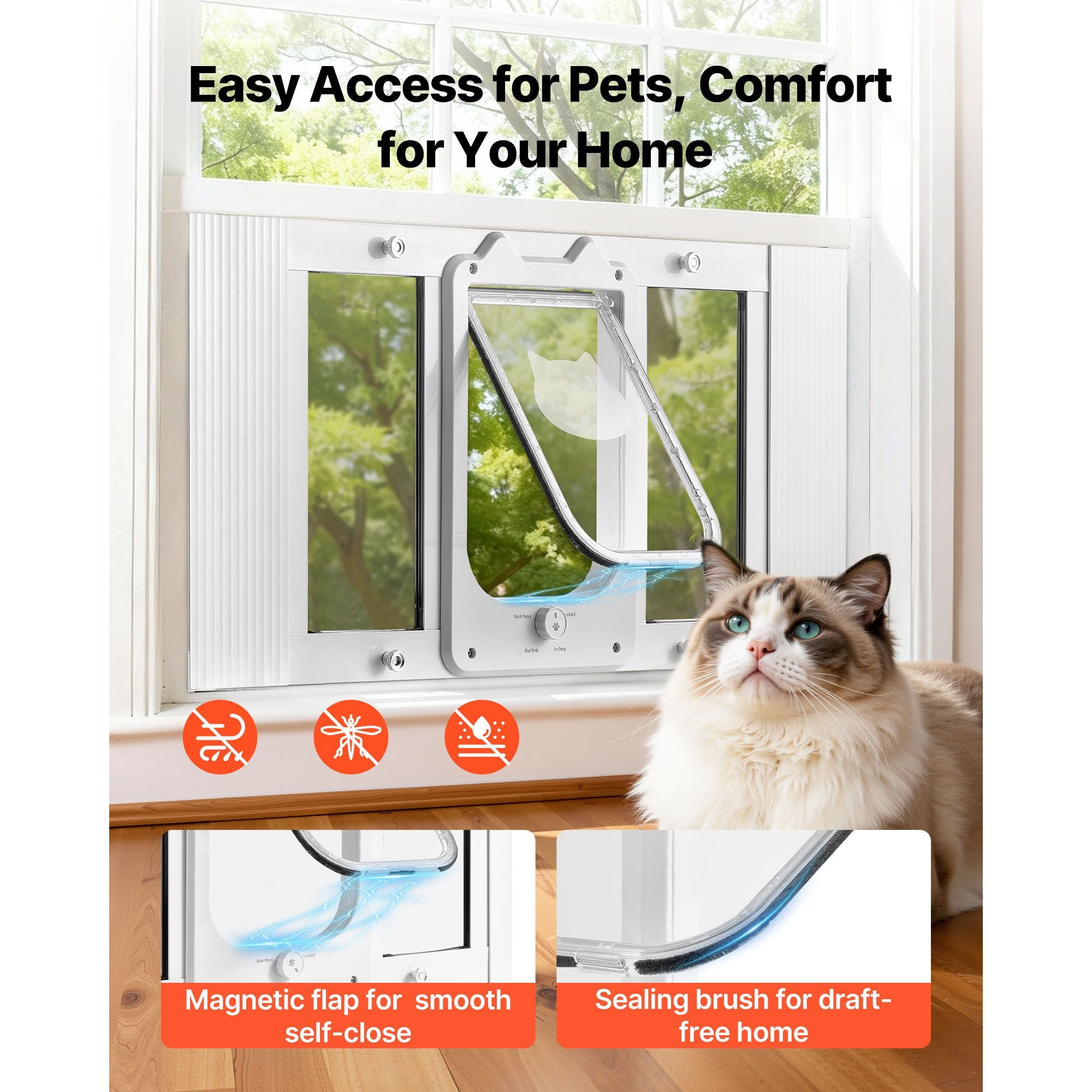 Cat Door for Window, Adjustable to Fit Window Width 27"-32", 4 Secure Lock Modes, Aluminum Frame and