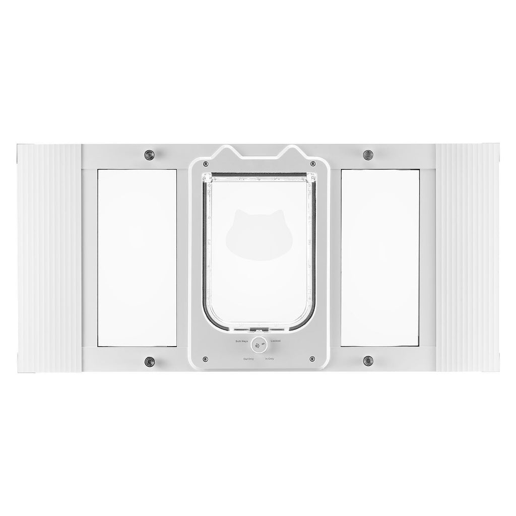 Cat Door for Window, Adjustable to Fit Window Width 27"-32", 4 Secure Lock Modes, Aluminum Frame and