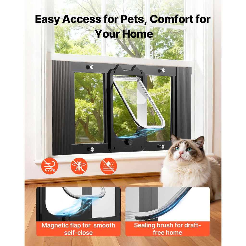Cat Door for Window, Adjustable to Fit Window Width 31"-36", 4 Secure Lock Modes, Aluminum Frame and