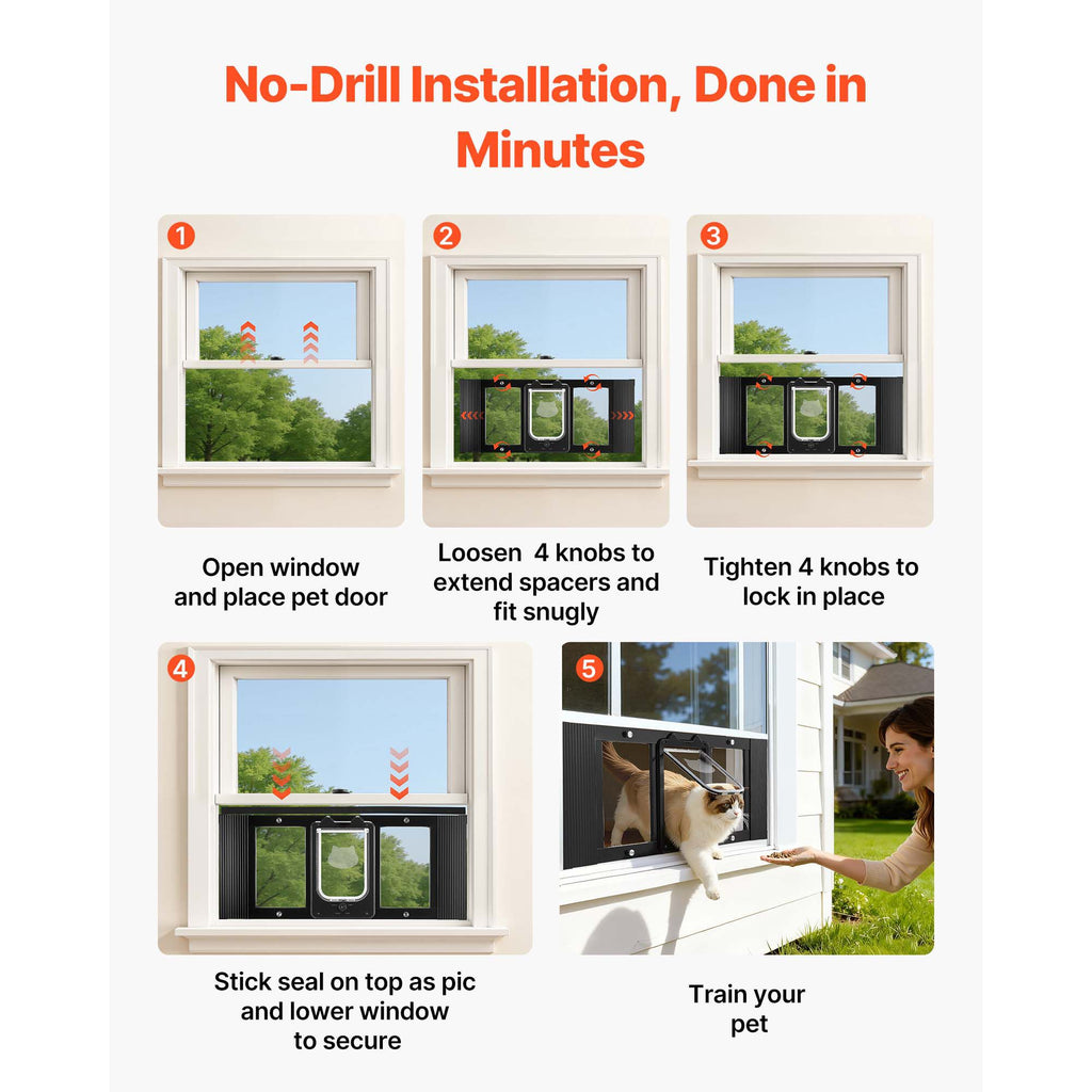Cat Door for Window, Adjustable to Fit Window Width 31"-36", 4 Secure Lock Modes, Aluminum Frame and