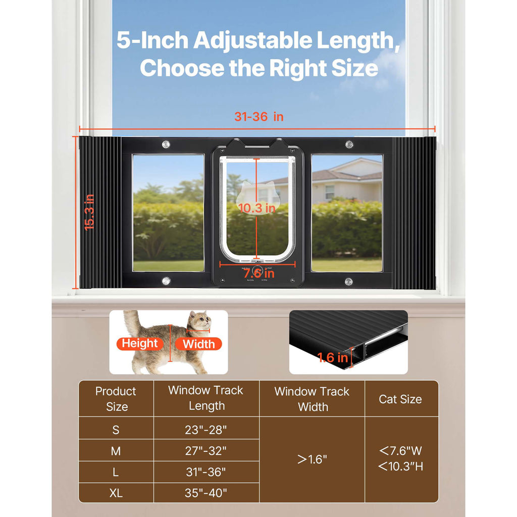 Cat Door for Window, Adjustable to Fit Window Width 31"-36", 4 Secure Lock Modes, Aluminum Frame and