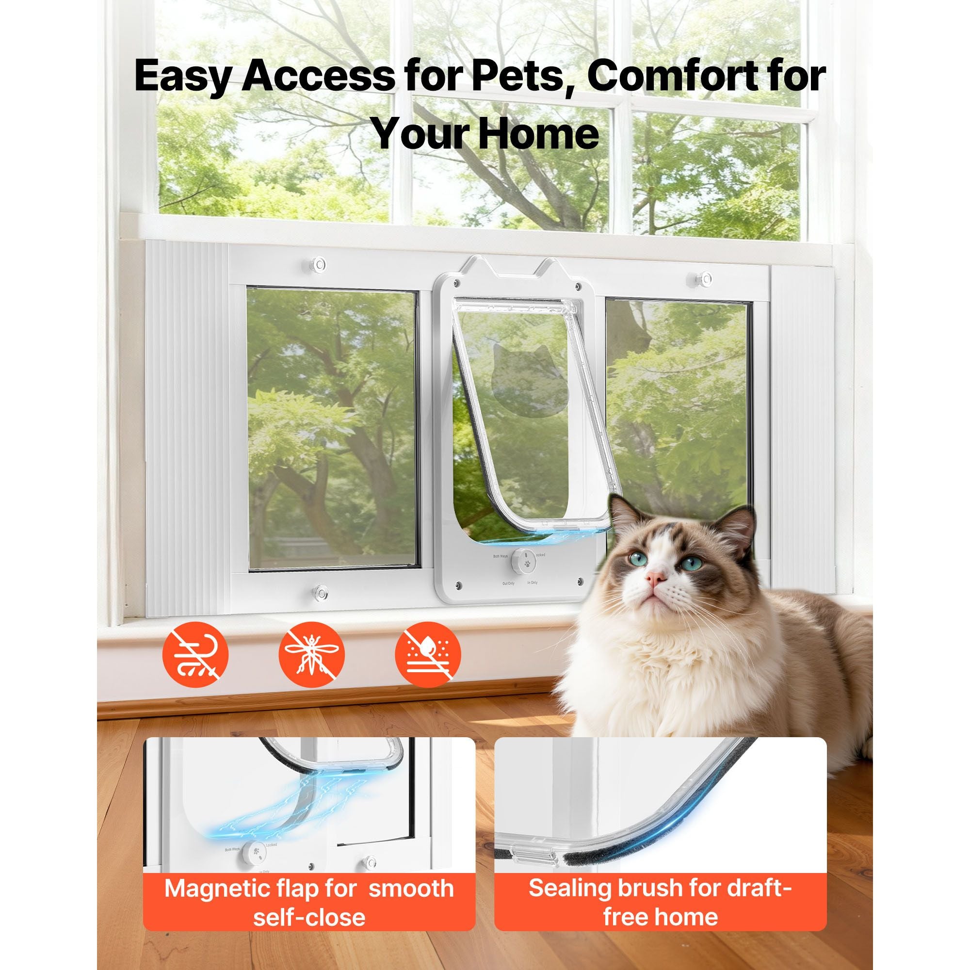 Adjustable Cat Door for Windows: 4-Way Lock, Magnetic Seal, Tool-Free