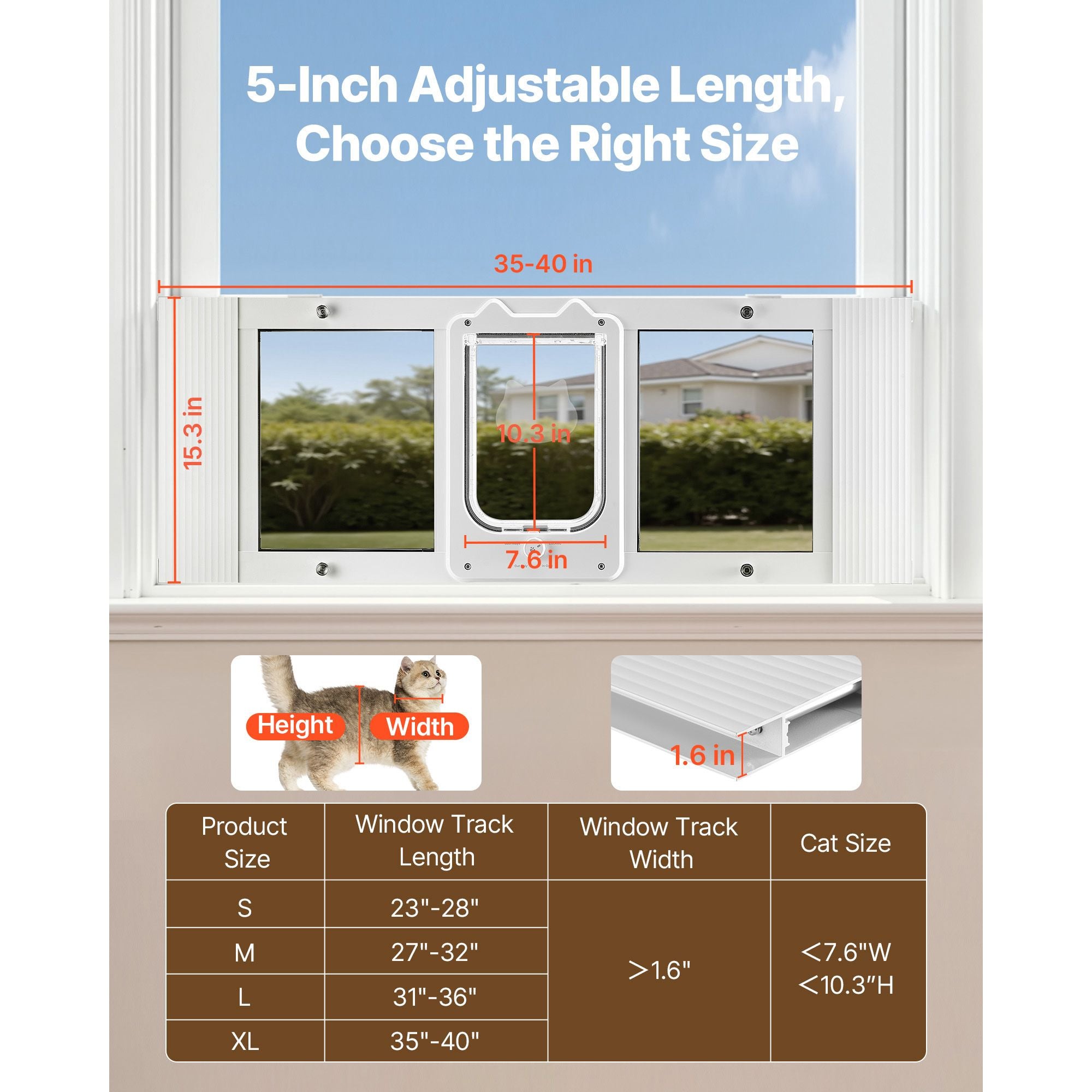 Adjustable Cat Door for Windows: 4-Way Lock, Magnetic Seal, Tool-Free