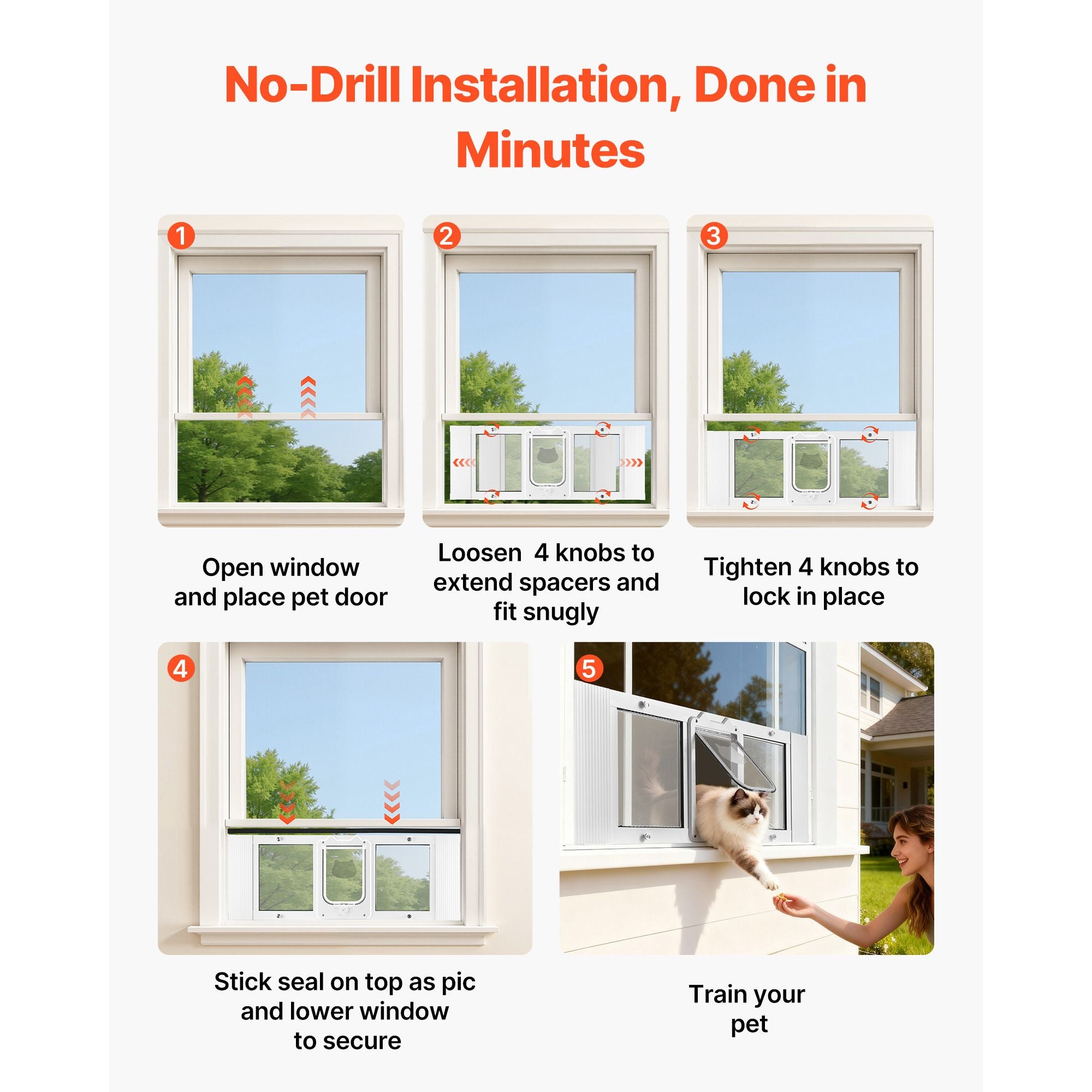 Adjustable Cat Door for Windows: 4-Way Lock, Magnetic Seal, Tool-Free