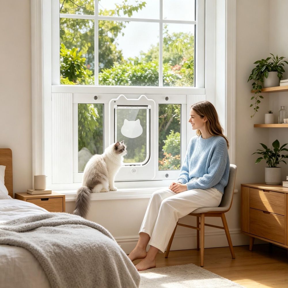 Cat Door for Window with Adjustable Length for Indoor