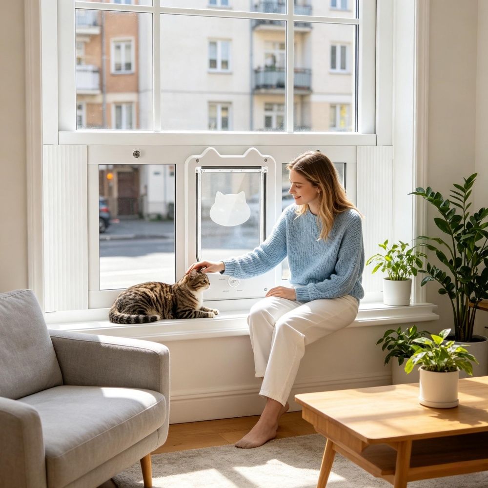 Cat Door for Window with Adjustable Length for Indoor