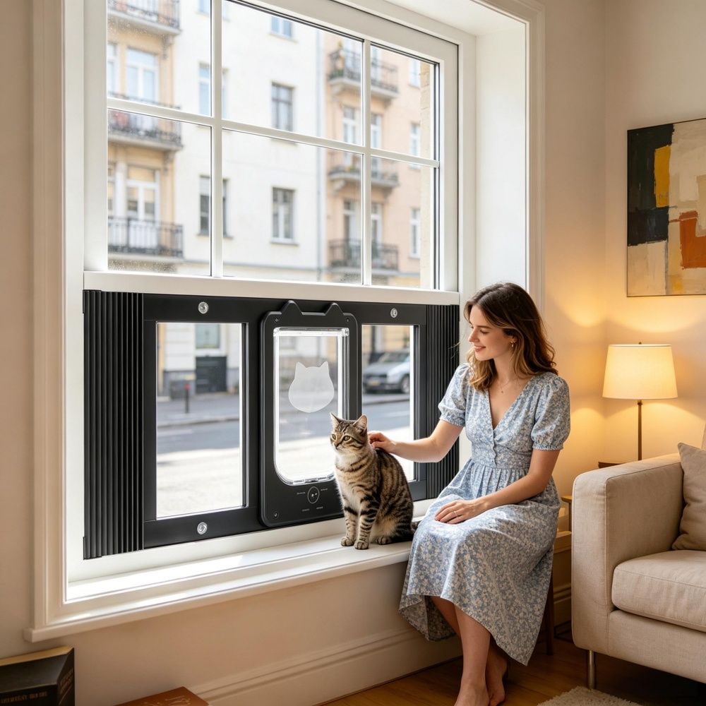 Cat Door for Window with Adjustable Length for Indoor