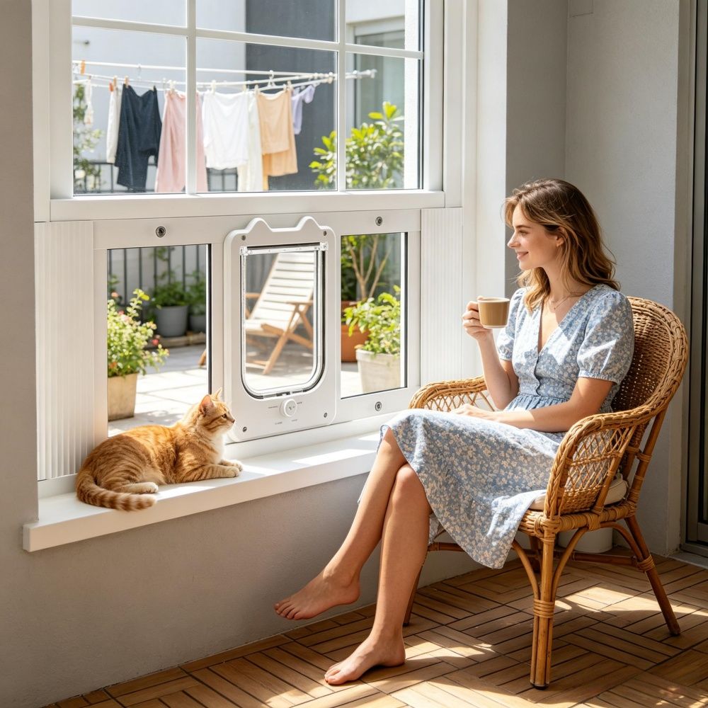 Cat Door for Window with Adjustable Length for Indoor
