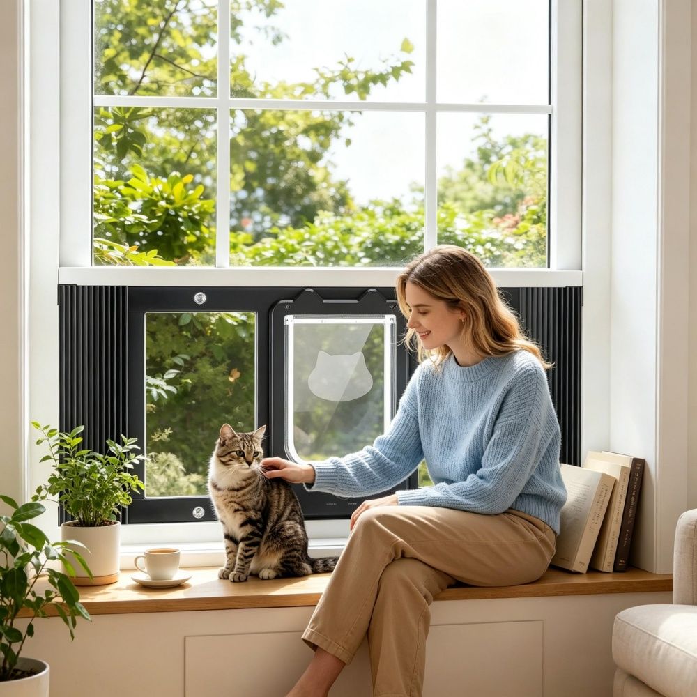 Cat Door for Window with Adjustable Length for Indoor