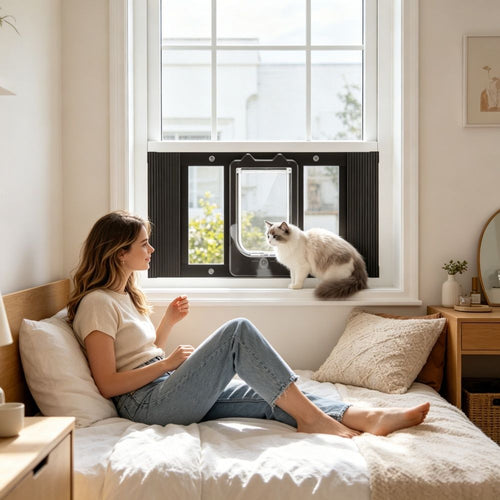 Adjustable Cat Door for Windows with 4-Way Lock and Auto-Close – image 1