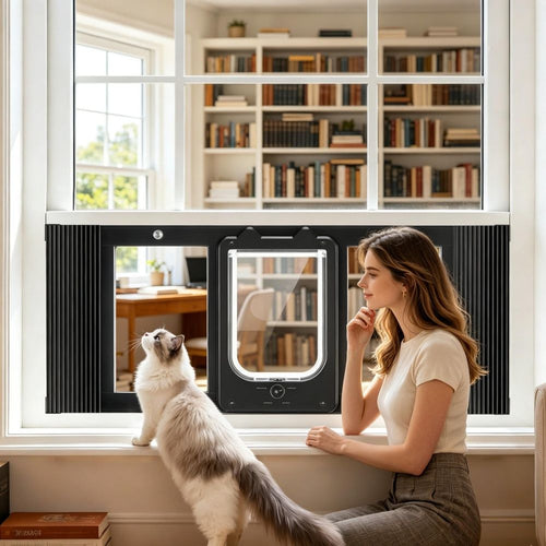 Adjustable Window Cat Door with 4-Way Lock & Auto-Close – image 1