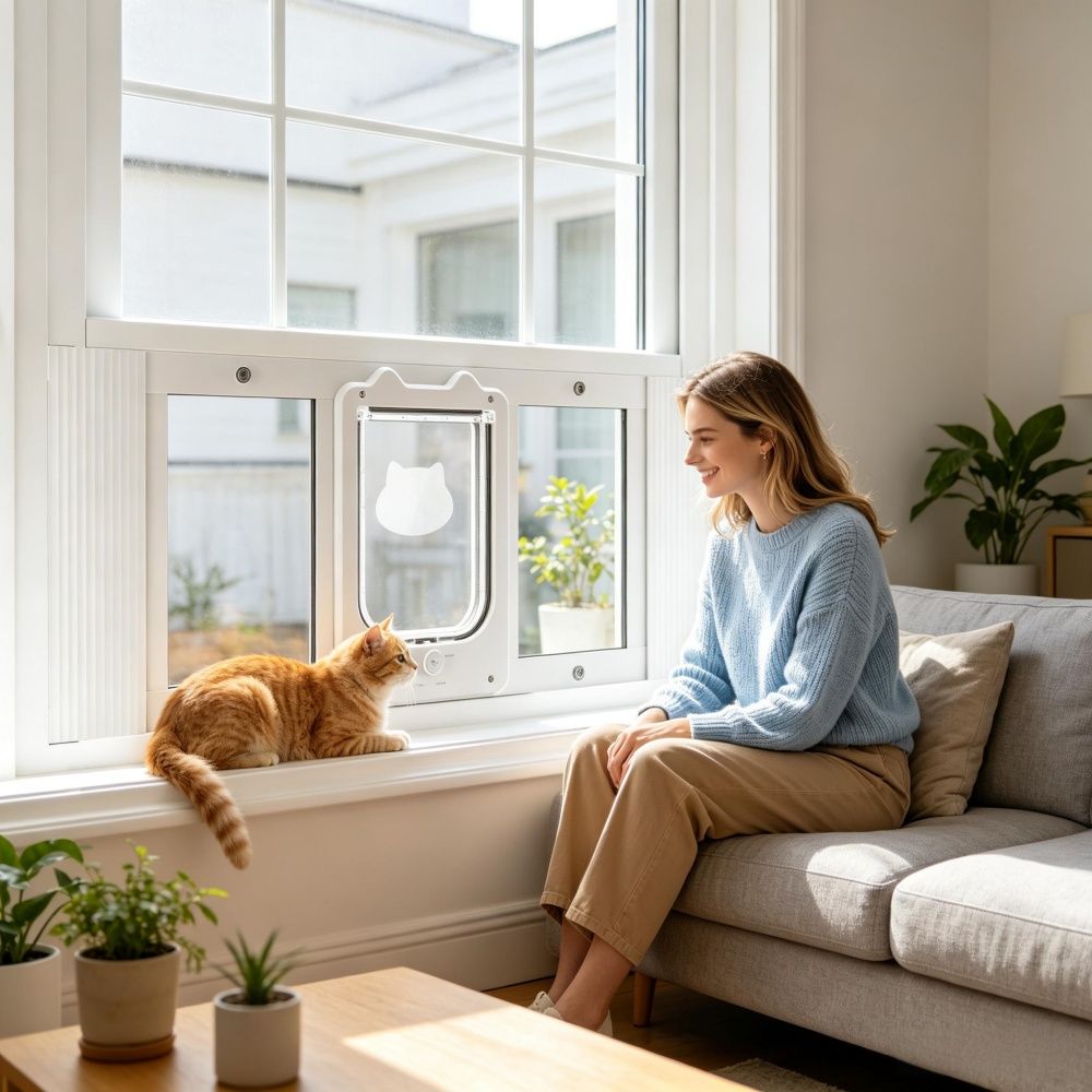 Cat Door for Window with Adjustable Length for Indoor