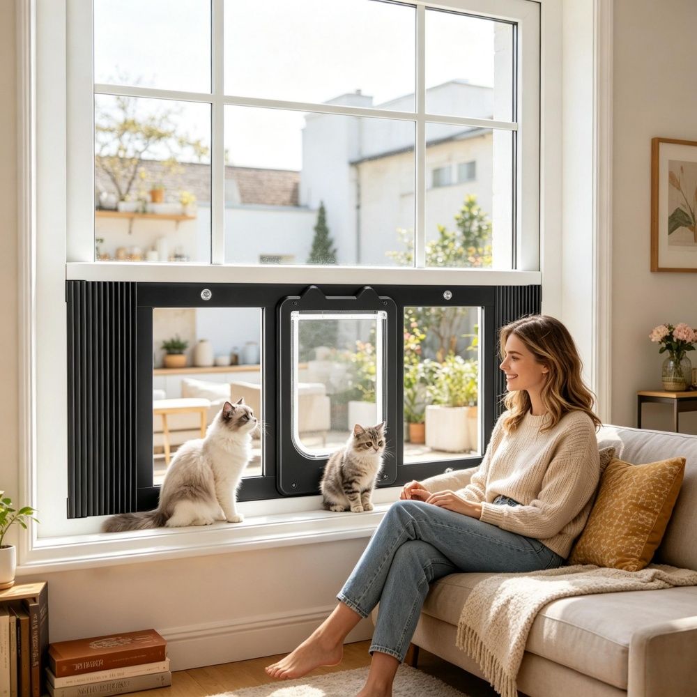 Cat Door for Window with Adjustable Length for Indoor