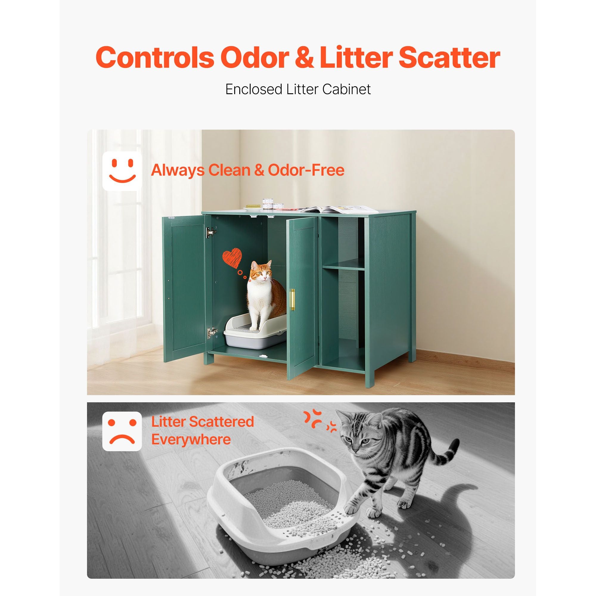 Enclosed Cat Litter Box Cabinet with Power Outlet and Storage