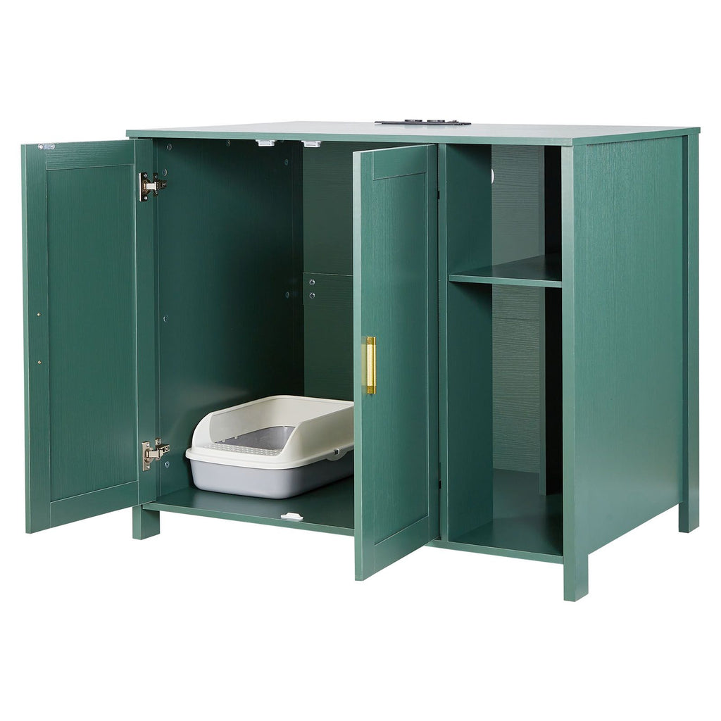 Enclosed Cat Litter Box Cabinet with Power Outlet and Storage