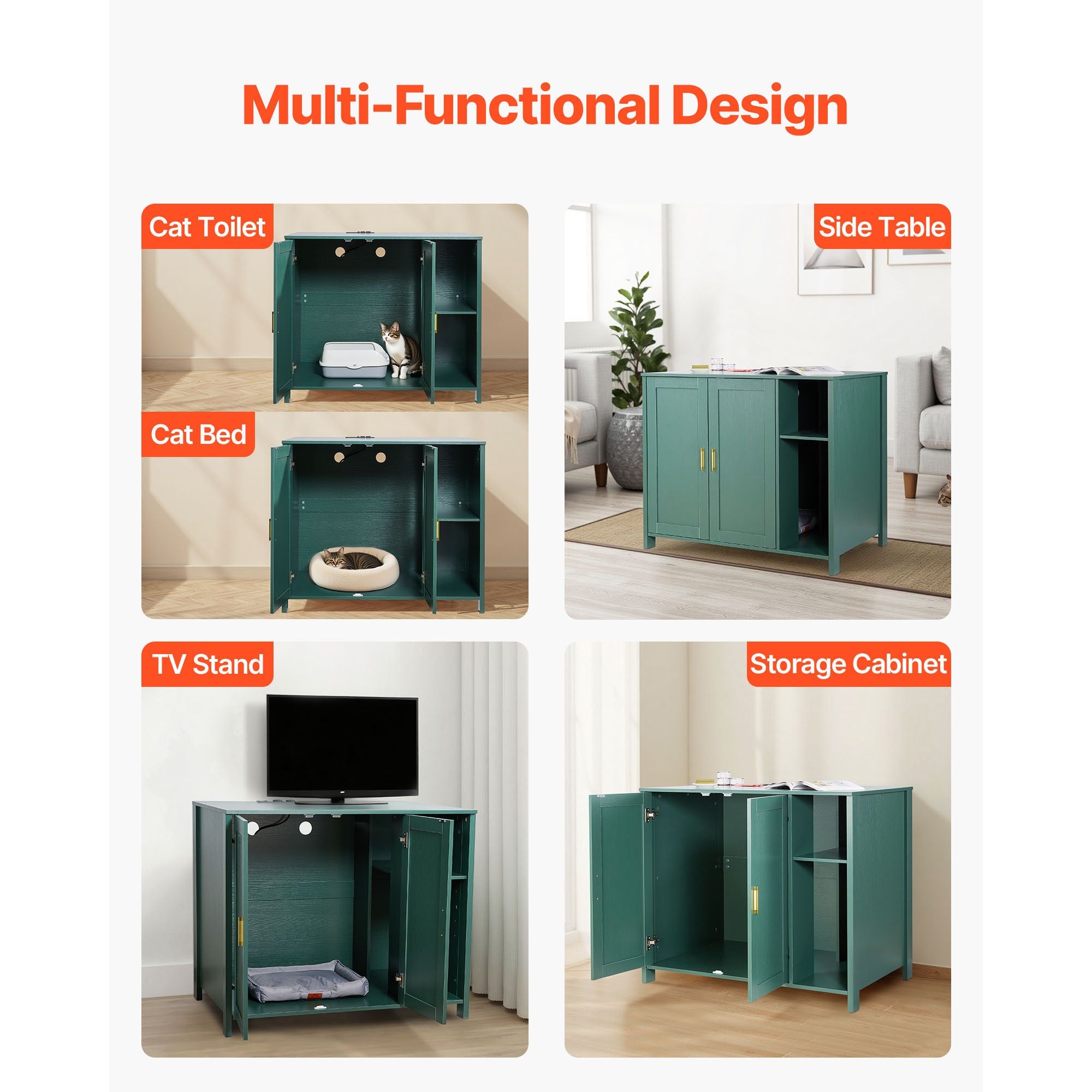 Enclosed Cat Litter Box Cabinet with Power Outlet and Storage