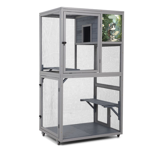 Cat House Catio Outdoor Enclosure with Platforms, 66'' cat condos on Wheels for Outdoor Patio, Dark Gray