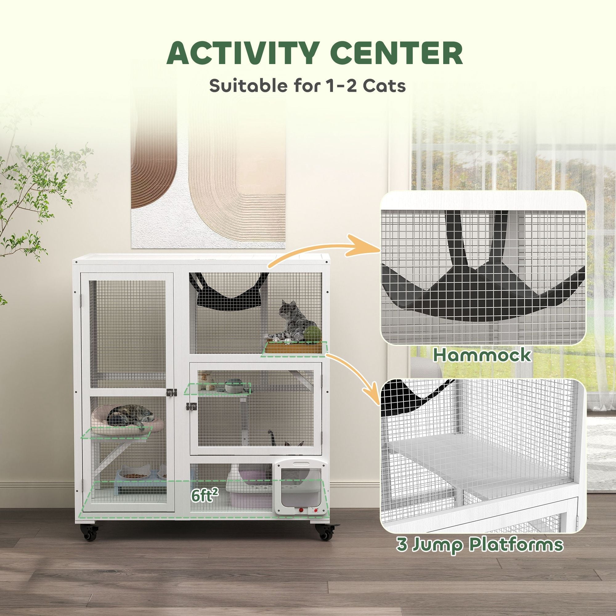 Indoor Cat Enclosure on Wheels with Multi-Level Fun and Hammock