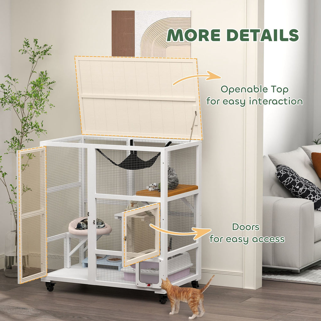 Indoor Cat Enclosure on Wheels with Multi-Level Fun and Hammock