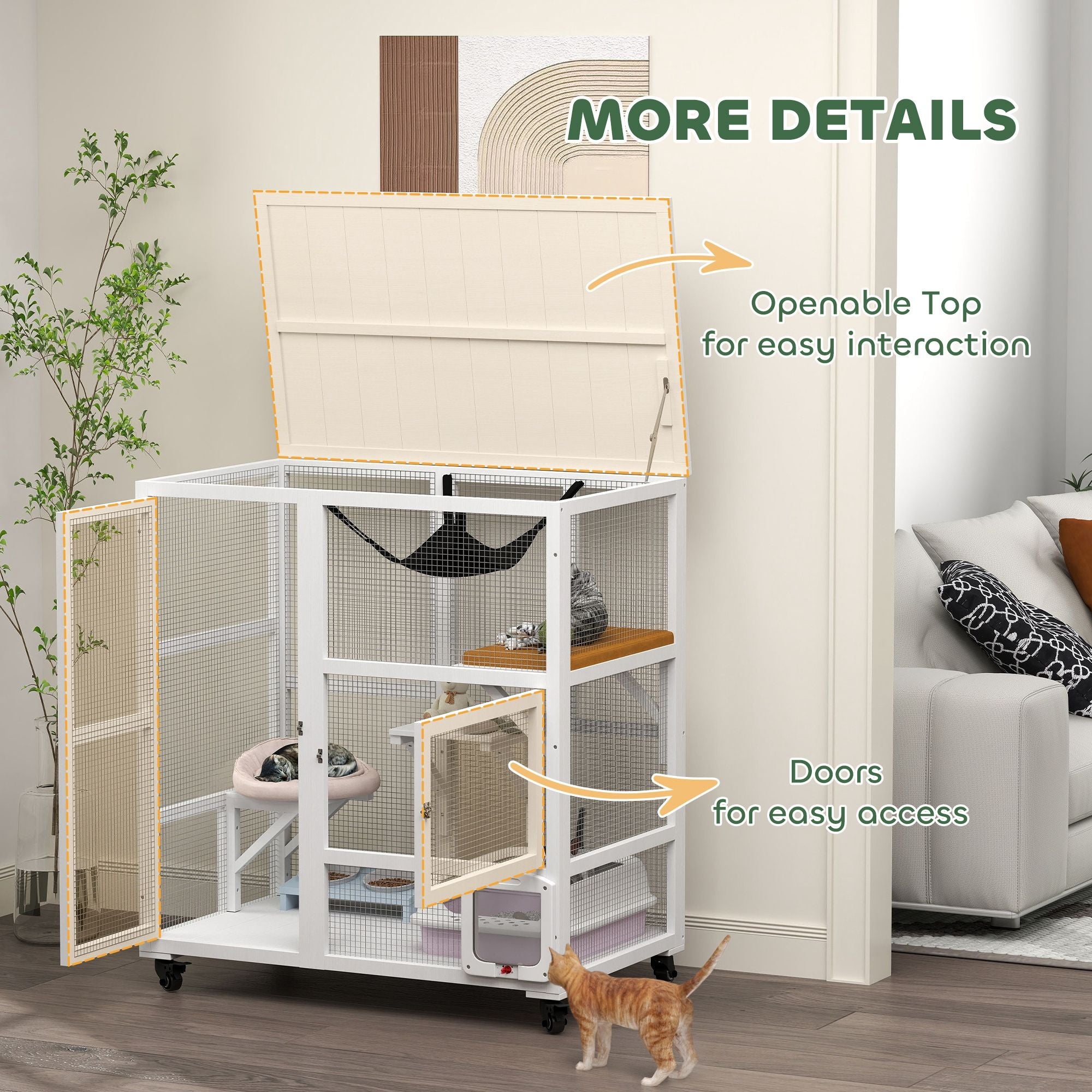 Indoor Cat Enclosure on Wheels with Multi-Level Fun and Hammock