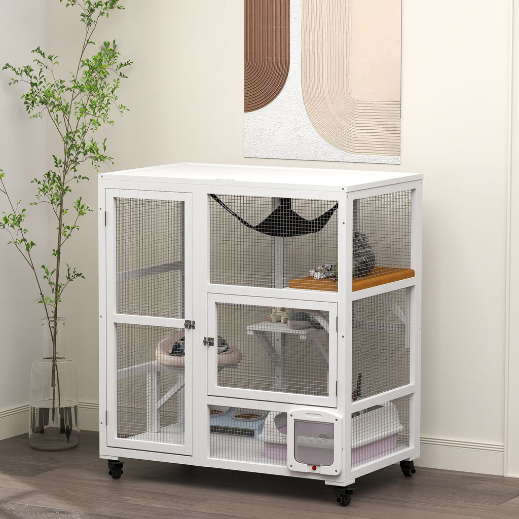 Indoor Cat Enclosure on Wheels with Multi-Level Fun and Hammock