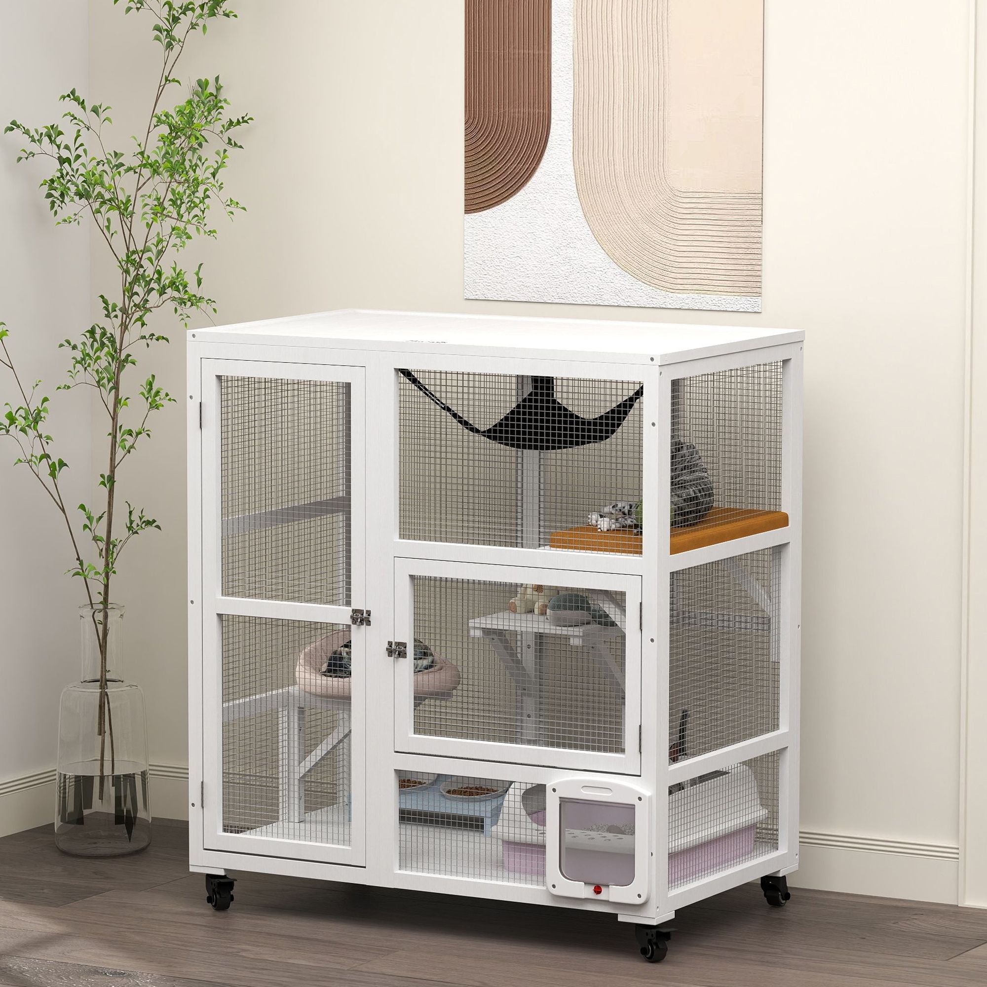 Indoor Cat Enclosure on Wheels with Multi-Level Fun and Hammock