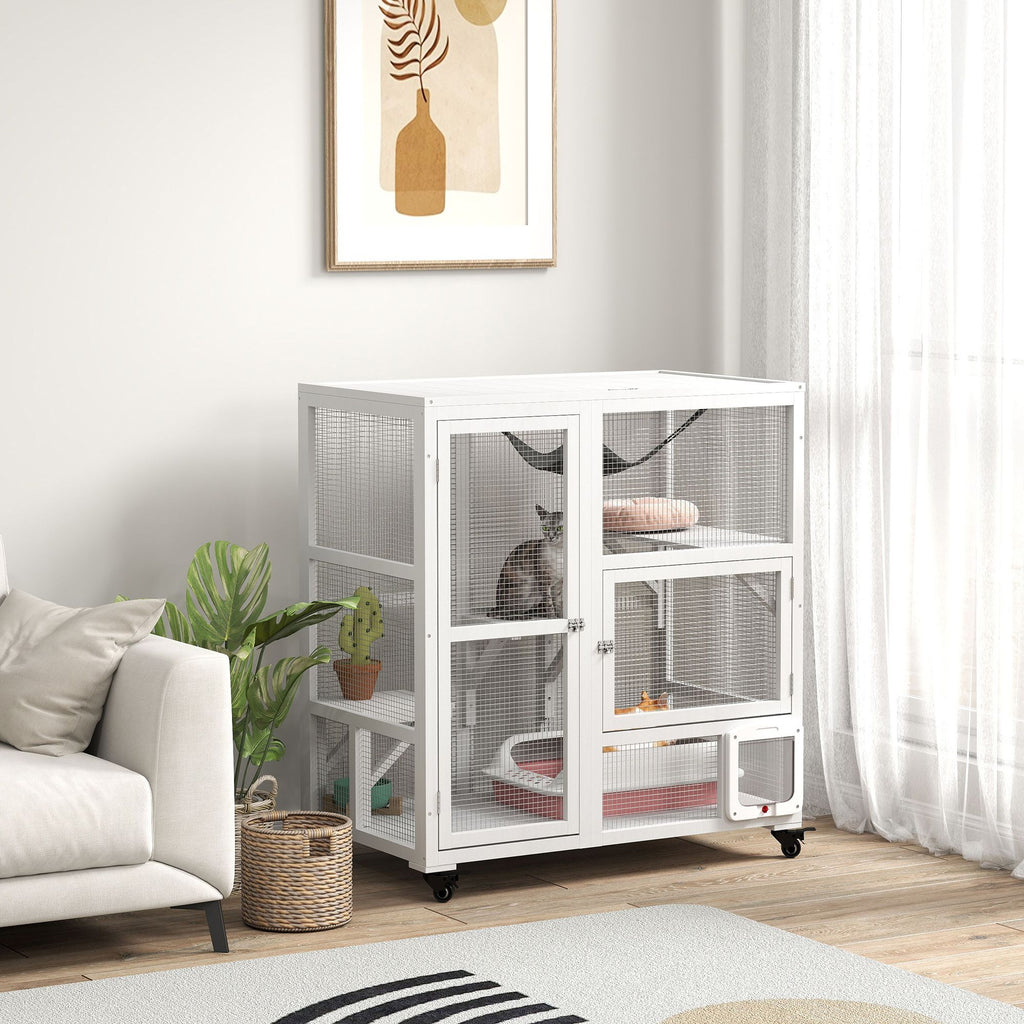 Indoor Cat Enclosure on Wheels with Multi-Level Fun and Hammock