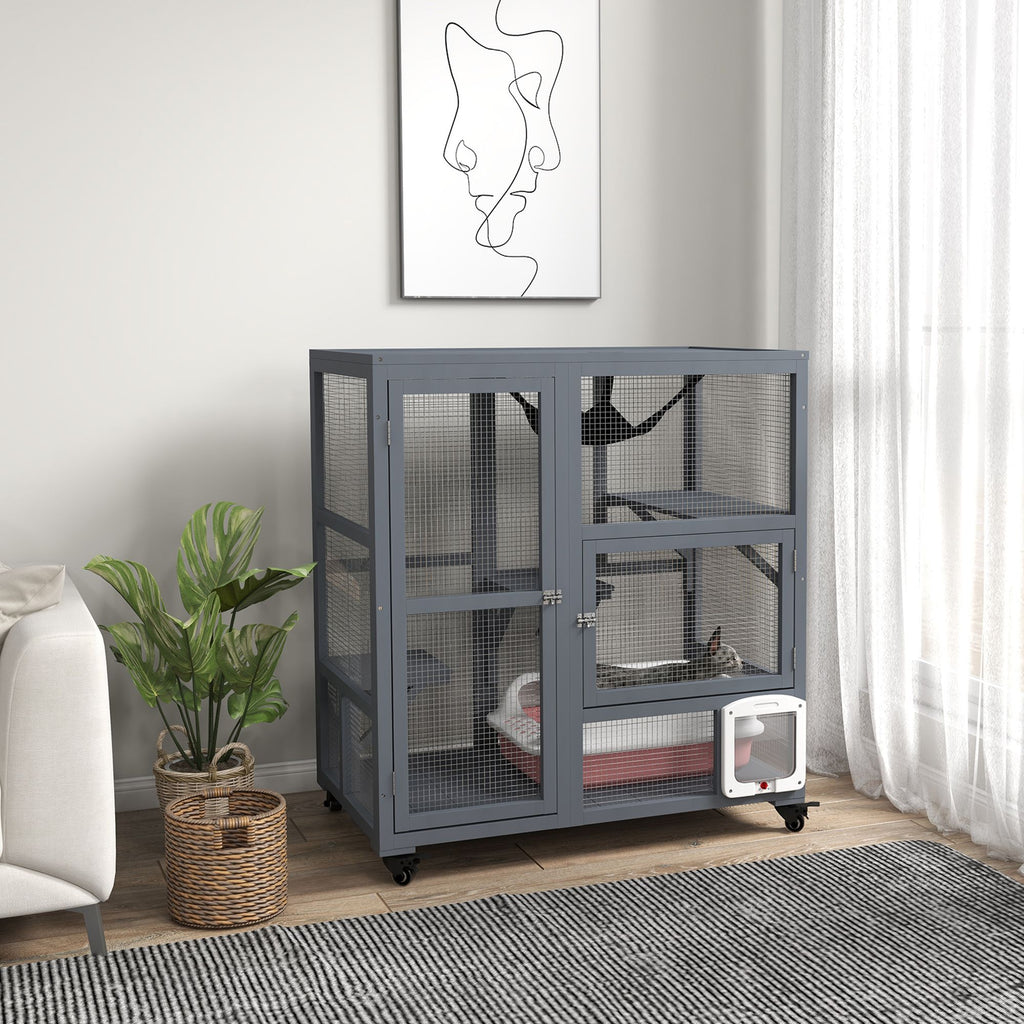 Multi-Level Cat Enclosure on Wheels with Openable Top – Fun & Secure
