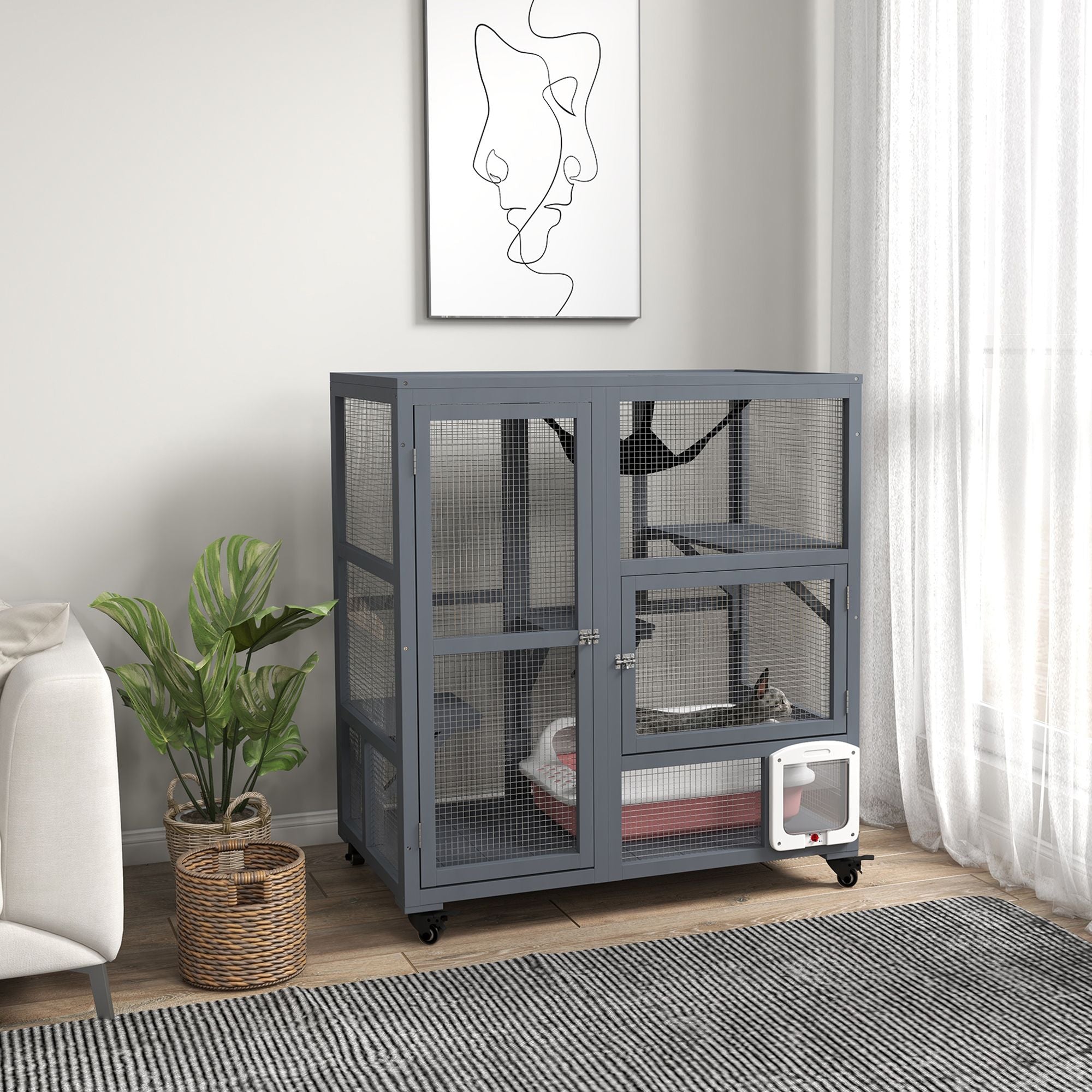 Multi-Level Cat Enclosure on Wheels with Openable Top – Fun & Secure