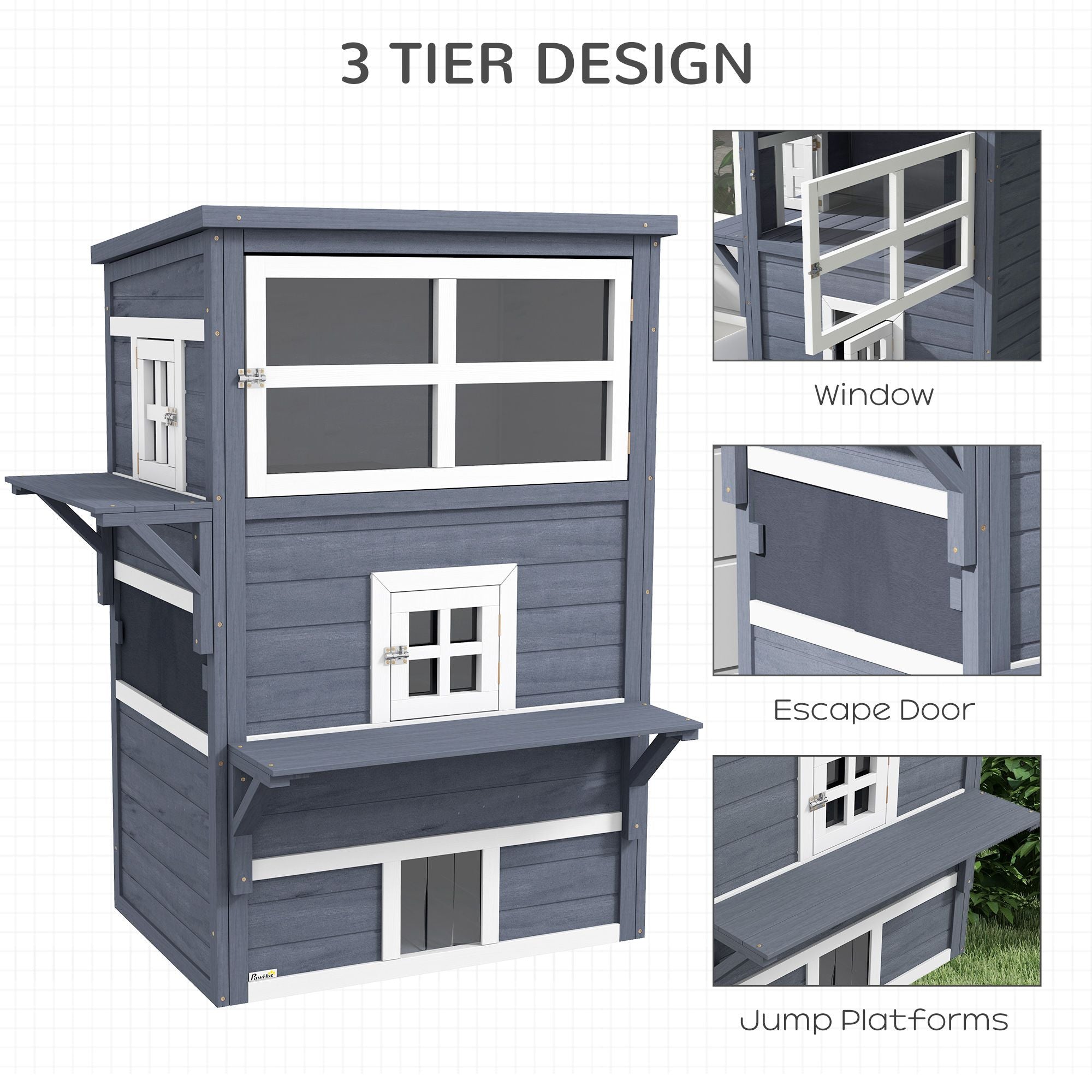 Outdoor 3-Tier Cat Shelter with Windows, Escape Doors & Jump Platforms
