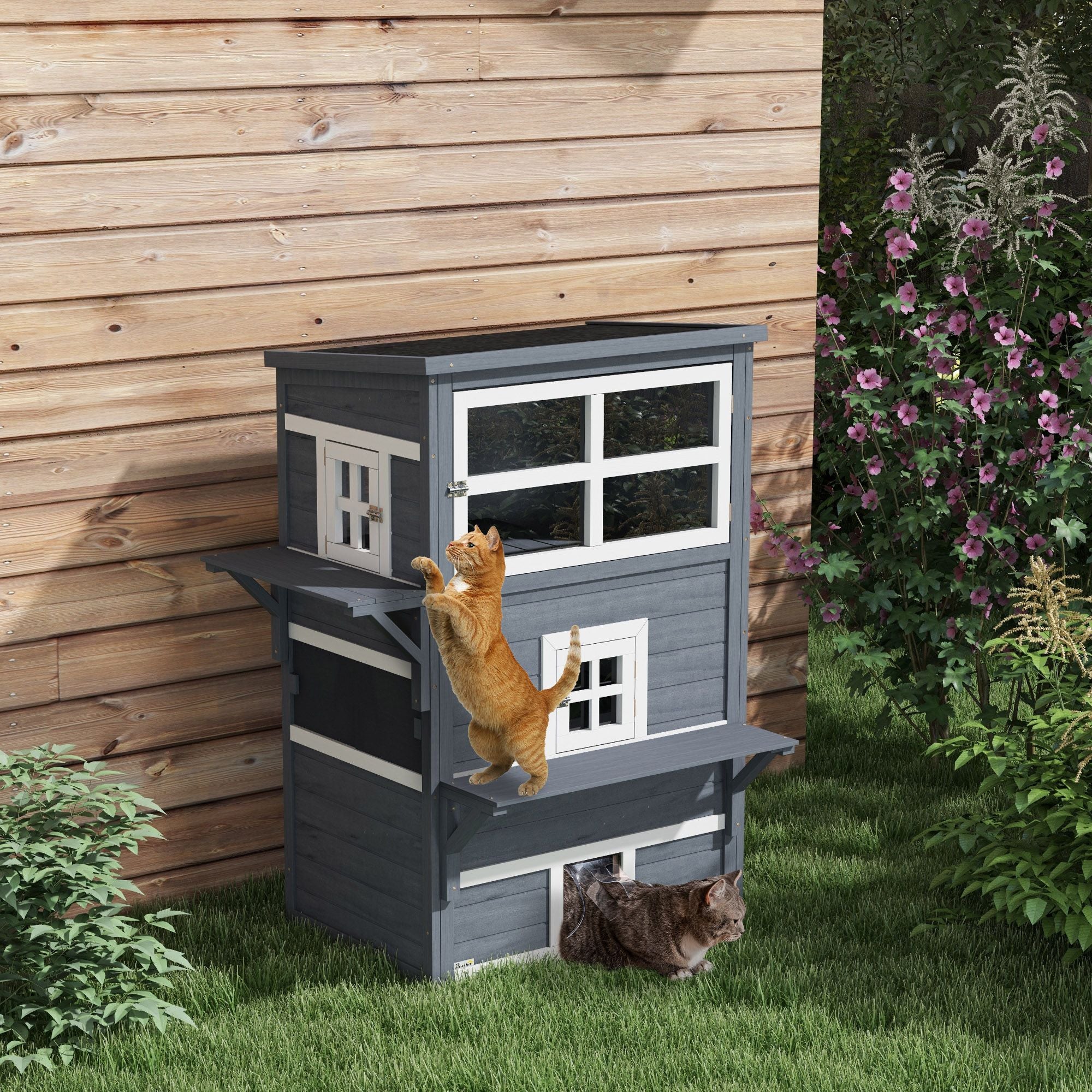 Outdoor 3-Tier Cat Shelter with Windows, Escape Doors & Jump Platforms
