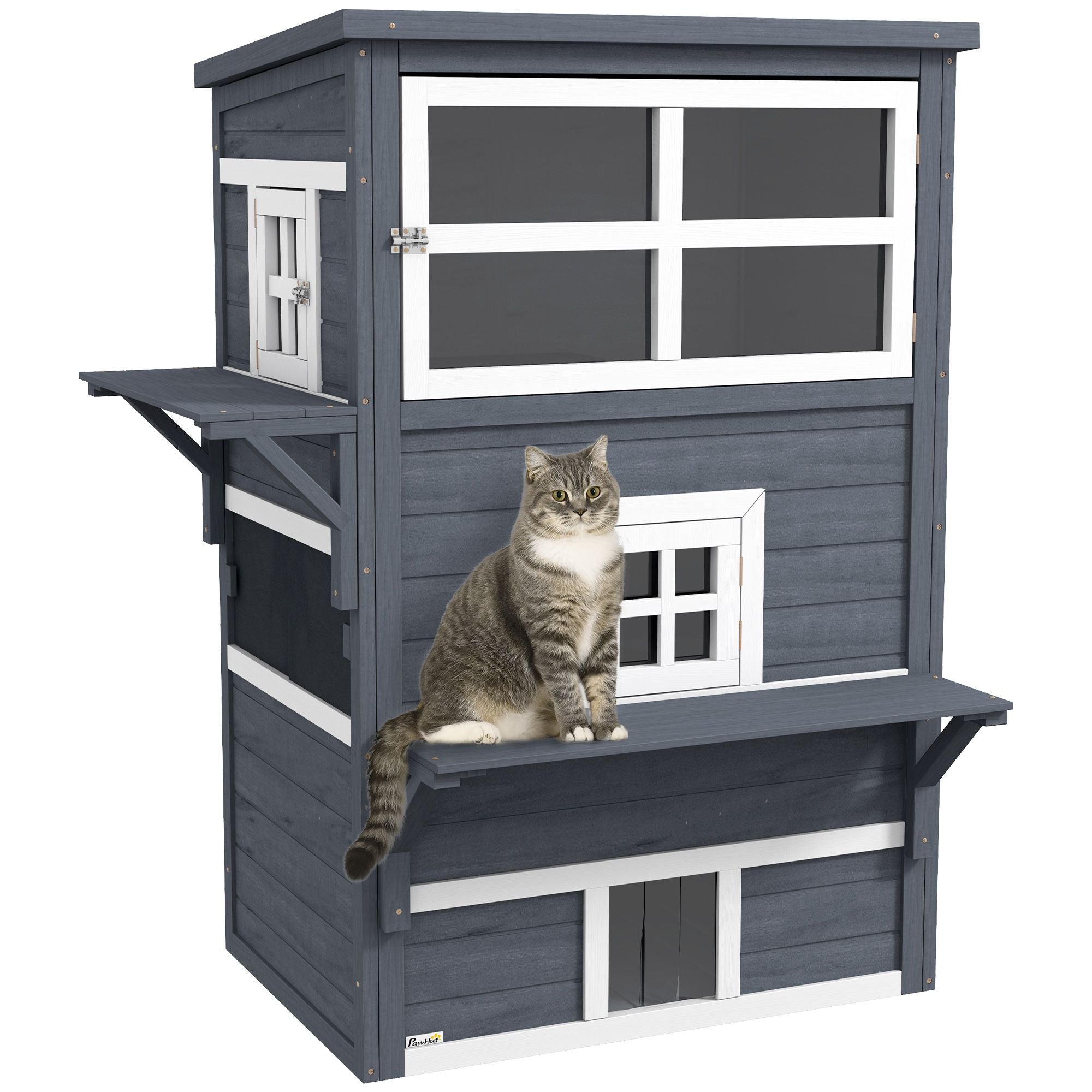 Outdoor 3-Tier Cat Shelter with Windows, Escape Doors & Jump Platforms