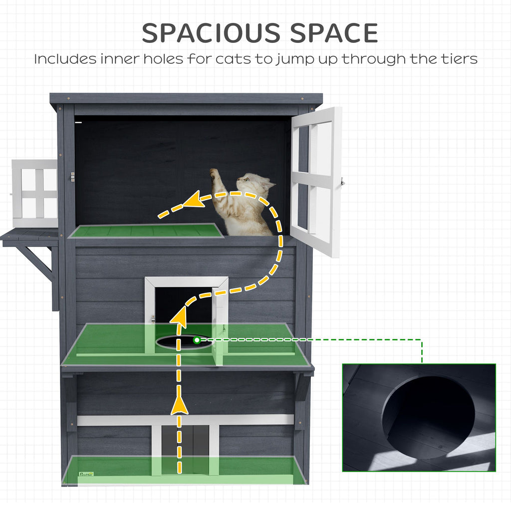 Outdoor 3-Tier Cat Shelter with Windows, Escape Doors & Jump Platforms