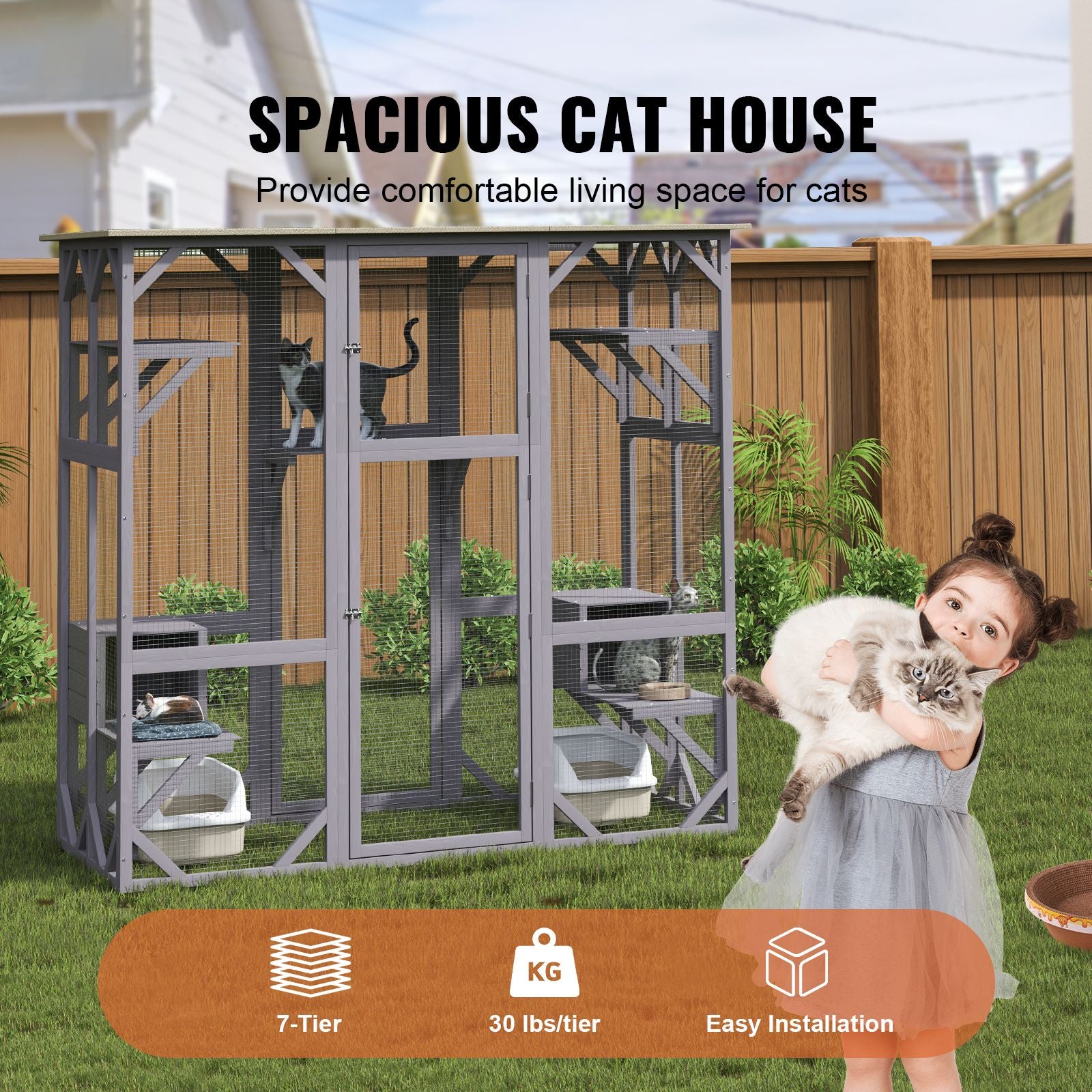 Cat House Outdoor, 7-Tier Large Catio, Cat Enclosure with 5 Platforms, 2 Resting Boxes & Large Front Door, 71.2 x 34.6 x 66.5 inch