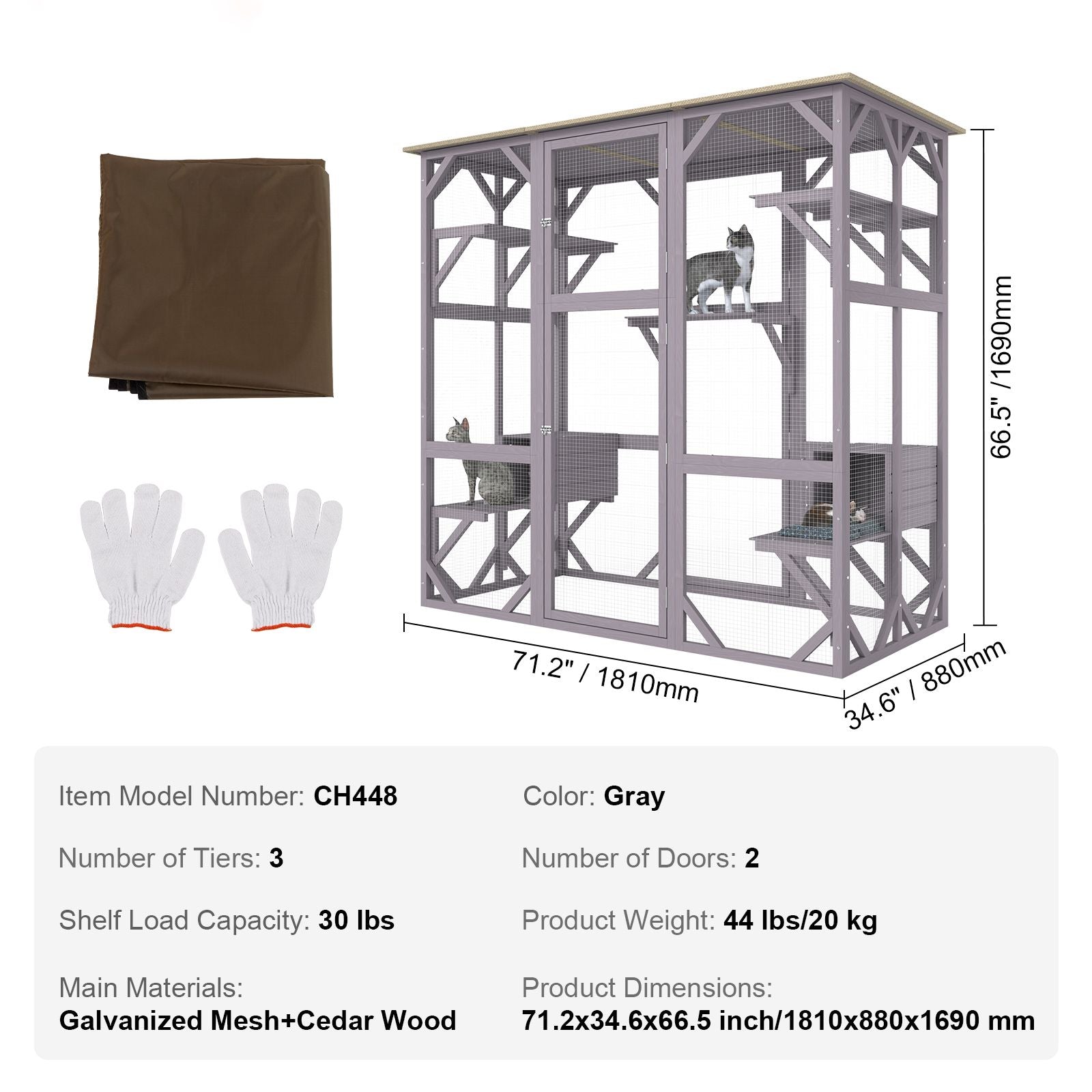 Cat House Outdoor, 7-Tier Large Catio, Cat Enclosure with 5 Platforms, 2 Resting Boxes & Large Front Door, 71.2 x 34.6 x 66.5 inch