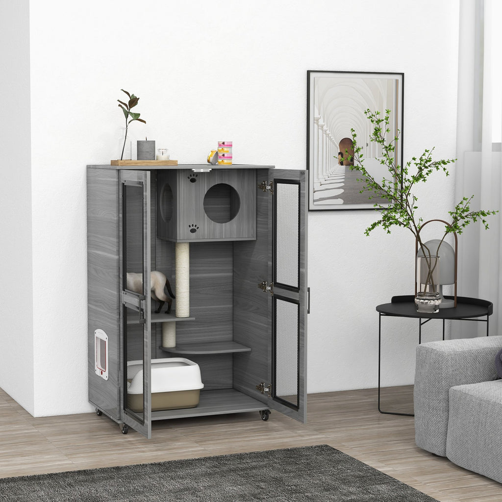 Cat House with Cat Tree and Scratching Posts on Wheels