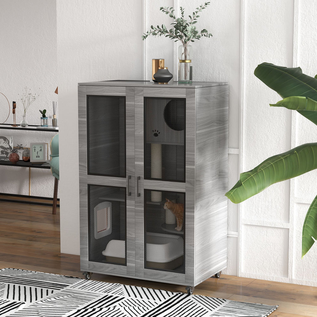 Cat House with Cat Tree and Scratching Posts on Wheels