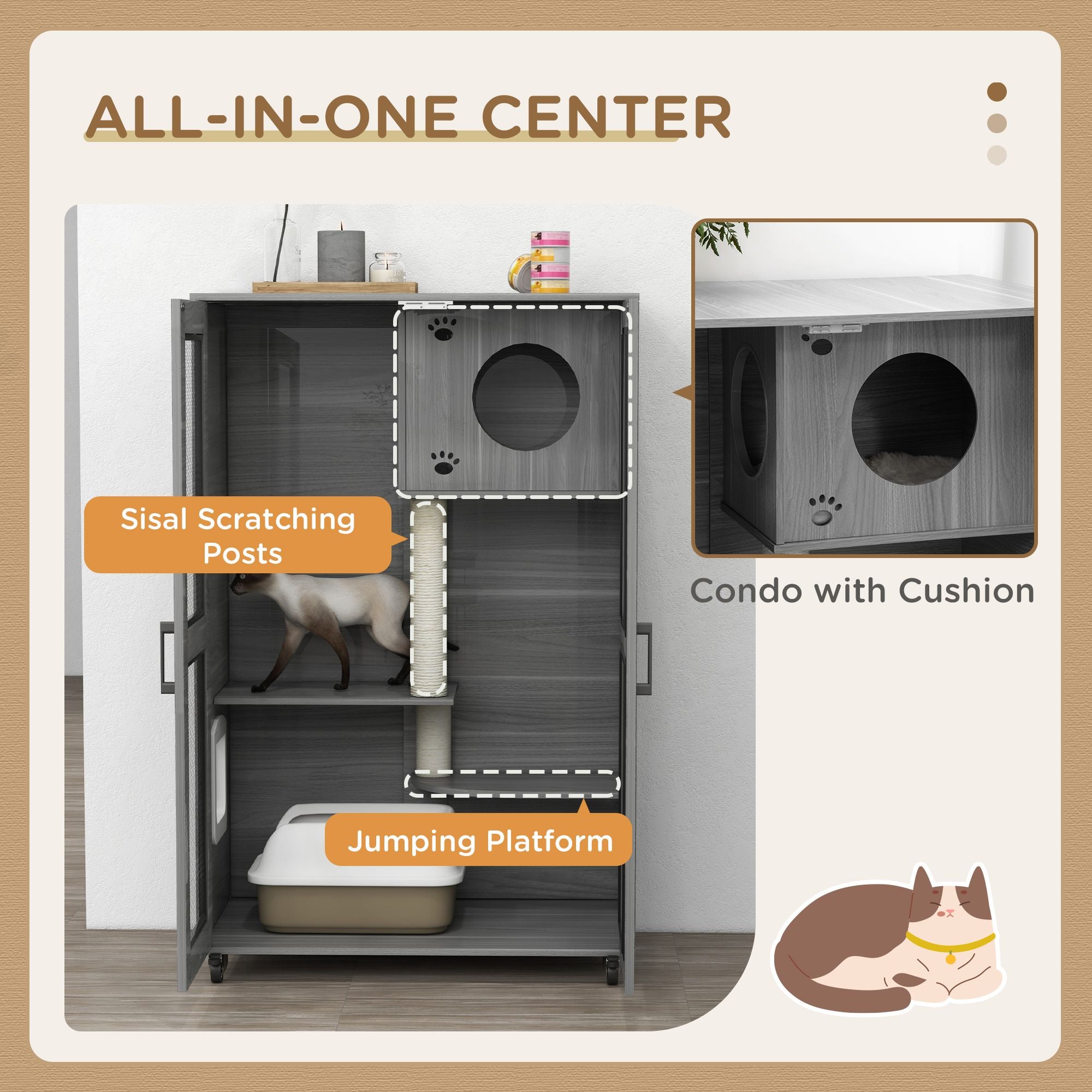 Cat House with Cat Tree and Scratching Posts on Wheels