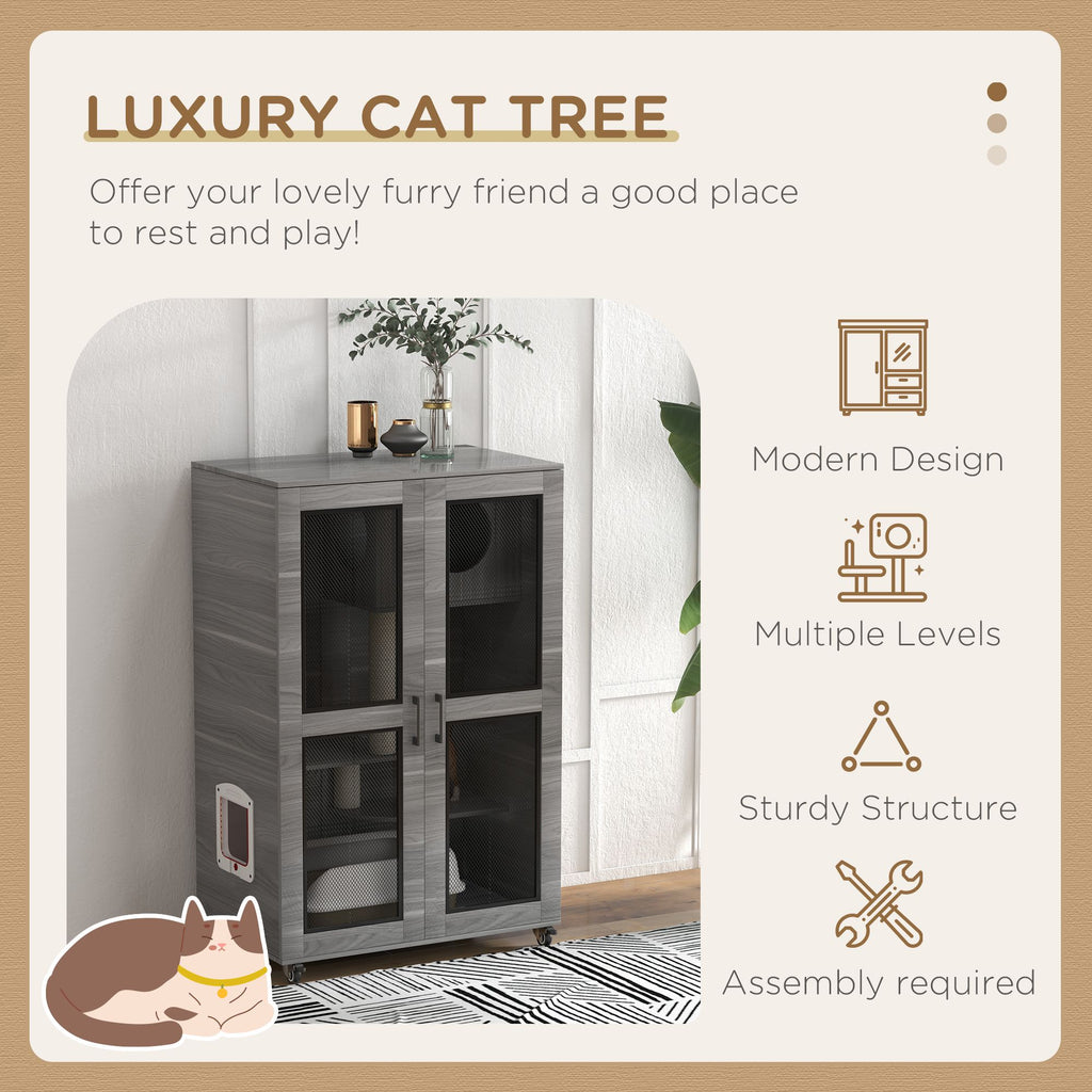 Cat House with Cat Tree and Scratching Posts on Wheels