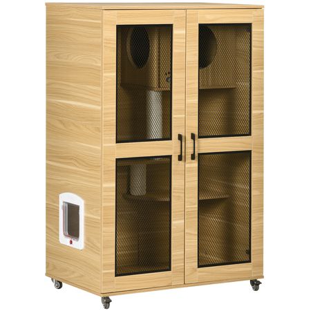 Oak Cat Enclosure with Tree, Scratching Posts & Lockable Wheels