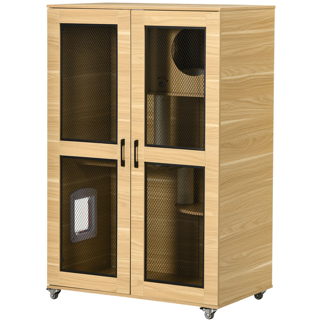 Oak Cat Enclosure with Tree, Scratching Posts & Lockable Wheels